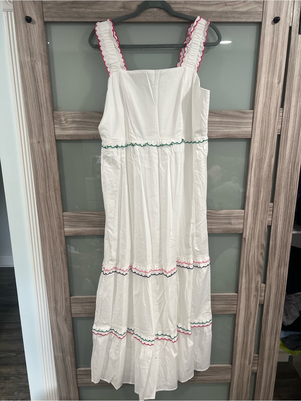 LOFT White Maxi Dress with Pink & Green Trim